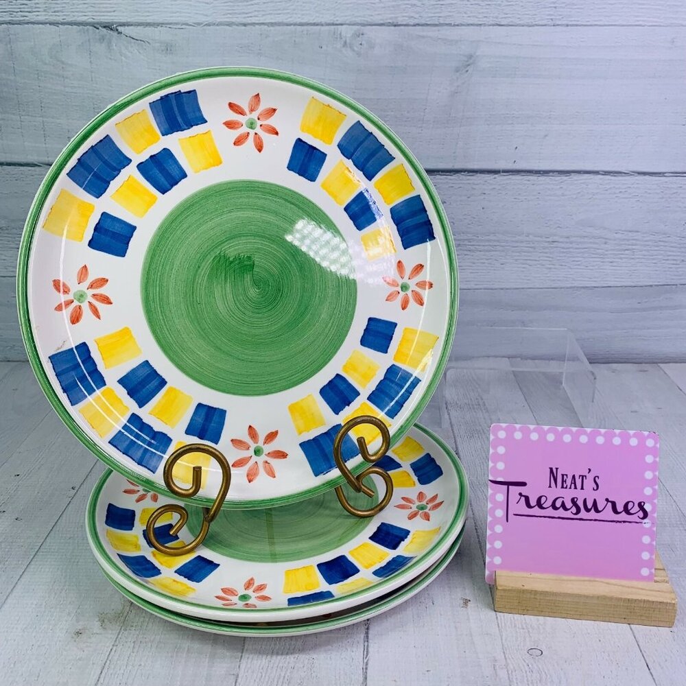 Lynn's China JULIE Geometric Floral Blue Yellow Stoneware Dinner Plates Set of 3